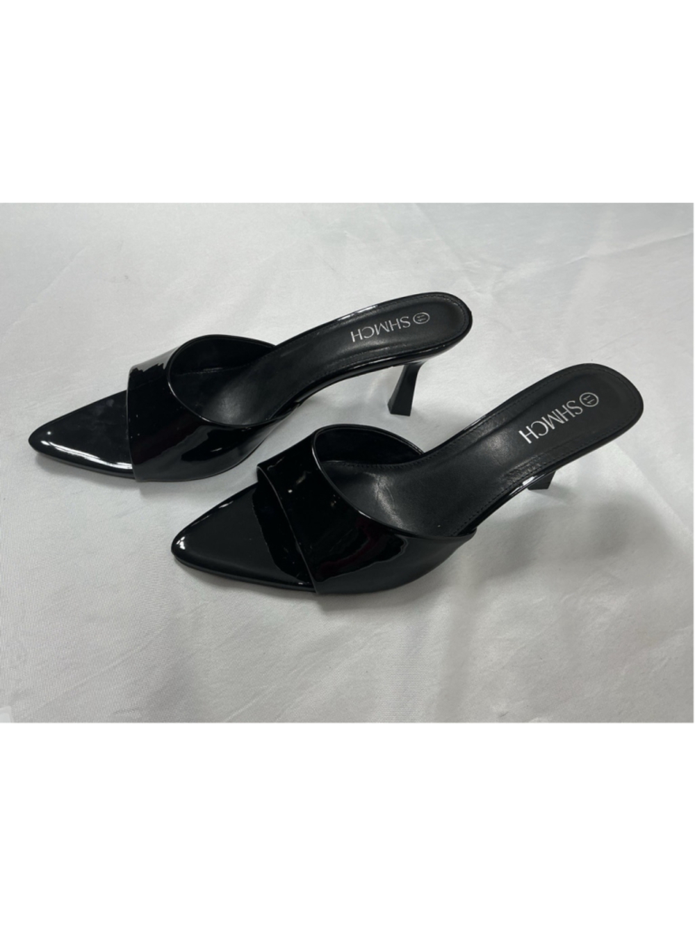 Womans Excellent Shmch Slip On Stiletto Mules Size 11 Black Open Pointed Toe